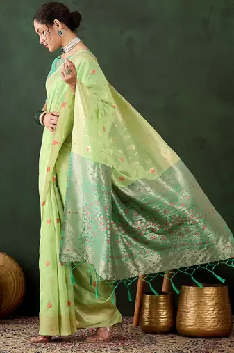 pista woven designer poly cotton saree with blouse piece