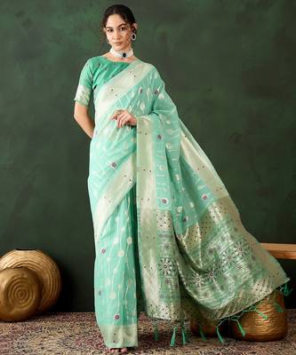 sea green woven designer poly cotton saree with blouse piece 1