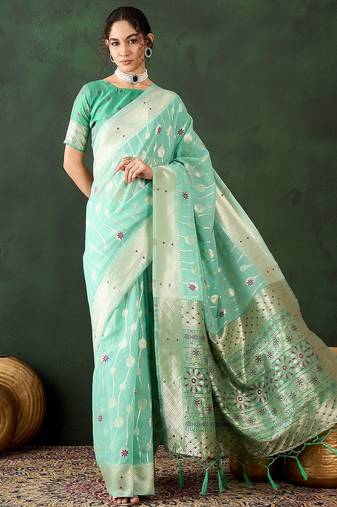 sea green woven designer poly cotton saree with blouse piece