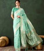 sea green woven designer poly cotton saree with blouse piece