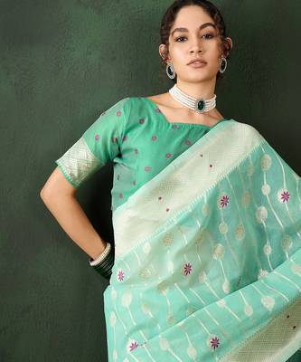 sea green woven designer poly cotton saree with blouse piece 3