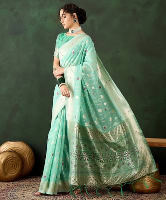 sea green woven designer poly cotton saree with blouse piece 4