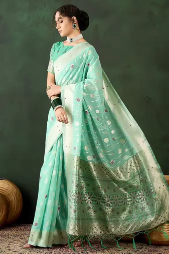 sea green woven designer poly cotton saree with blouse piece