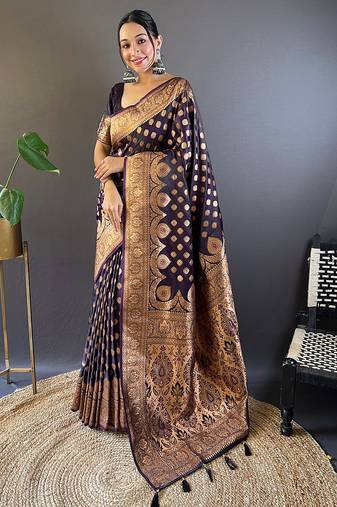 purple weaving jari designer banarasi satin silk saree with blouse piece