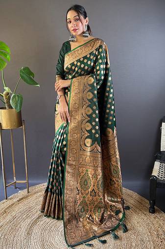 green weaving jari designer banarasi satin silk saree with blouse piece
