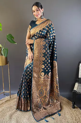 blue weaving jari designer banarasi satin silk saree with blouse piece