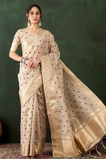 beige woven designer brush printed khadi organza saree with blouse piece