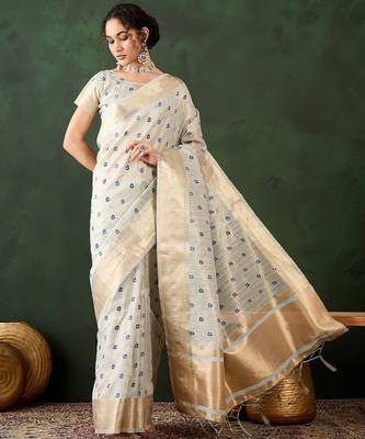 sky blue woven designer brush printed khadi organza saree with blouse piece 1