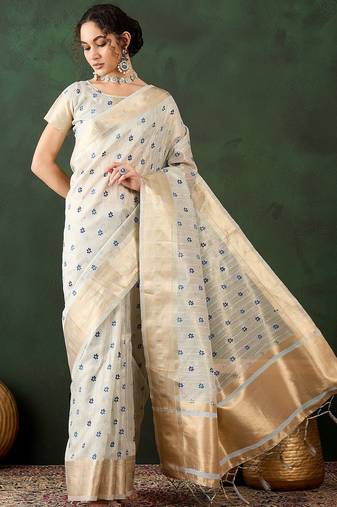 sky blue woven designer brush printed khadi organza saree with blouse piece