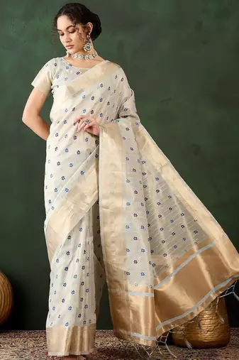 sky blue woven designer brush printed khadi organza saree with blouse piece