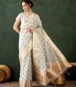 sky blue woven designer brush printed khadi organza saree with blouse piece