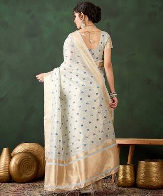 sky blue woven designer brush printed khadi organza saree with blouse piece 2