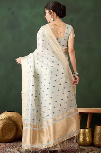 sky blue woven designer brush printed khadi organza saree with blouse piece