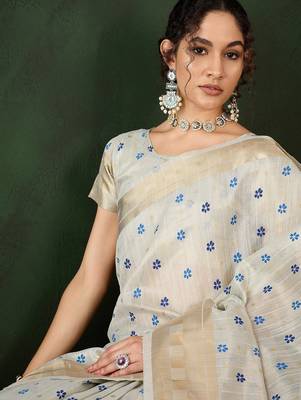 sky blue woven designer brush printed khadi organza saree with blouse piece 3