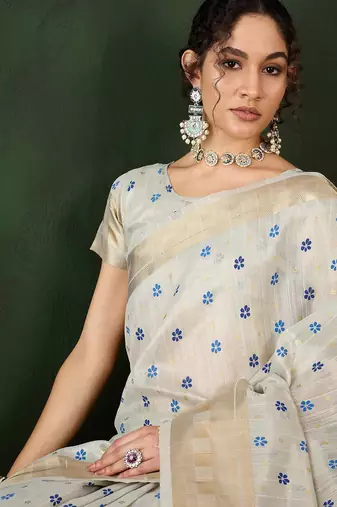 sky blue woven designer brush printed khadi organza saree with blouse piece