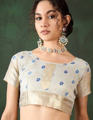 sky blue woven designer brush printed khadi organza saree with blouse piece 4