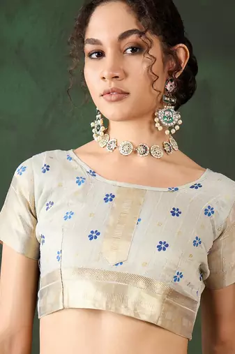 sky blue woven designer brush printed khadi organza saree with blouse piece