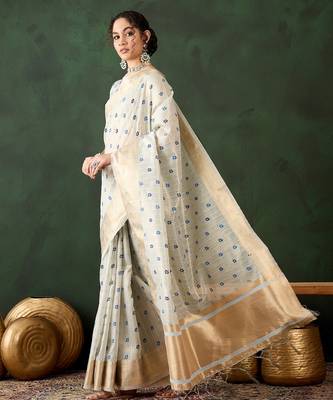 sky blue woven designer brush printed khadi organza saree with blouse piece 5