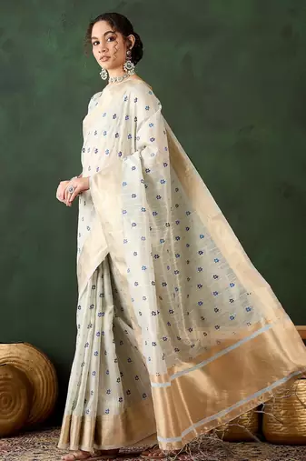 sky blue woven designer brush printed khadi organza saree with blouse piece