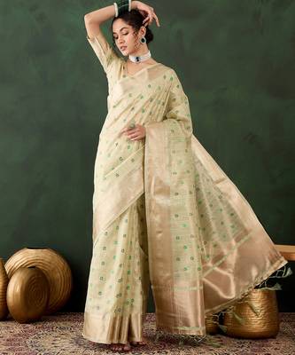 pista woven designer brush printed khadi organza saree with blouse piece 1