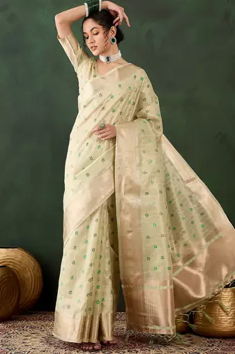 pista woven designer brush printed khadi organza saree with blouse piece