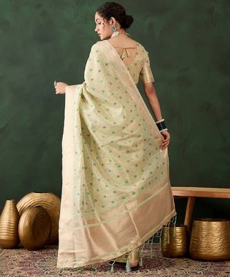 pista woven designer brush printed khadi organza saree with blouse piece 2