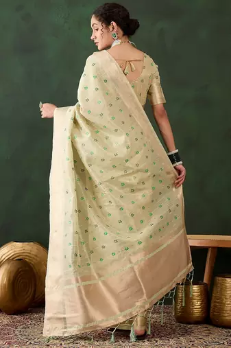pista woven designer brush printed khadi organza saree with blouse piece