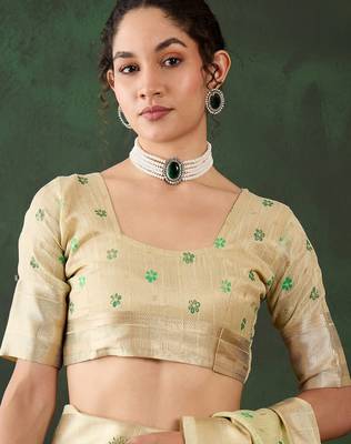 pista woven designer brush printed khadi organza saree with blouse piece 4