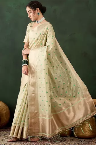 pista woven designer brush printed khadi organza saree with blouse piece