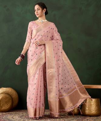 pink woven designer brush printed khadi organza saree with blouse piece 1