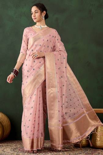 pink woven designer brush printed khadi organza saree with blouse piece