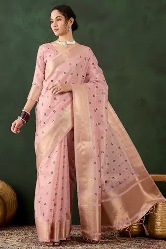 pink woven designer brush printed khadi organza saree with blouse piece