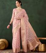 pink woven designer brush printed khadi organza saree with blouse piece