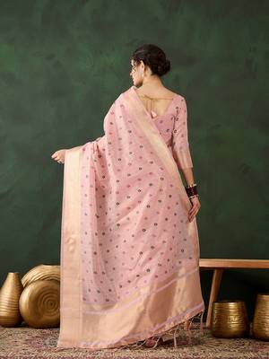 pink woven designer brush printed khadi organza saree with blouse piece 2