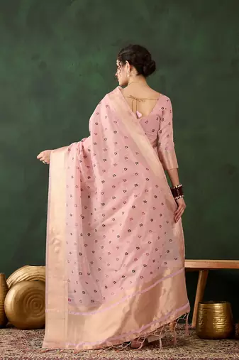 pink woven designer brush printed khadi organza saree with blouse piece