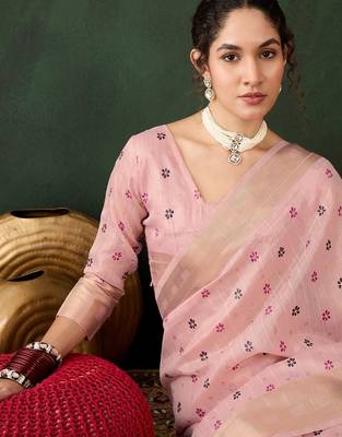 pink woven designer brush printed khadi organza saree with blouse piece 3