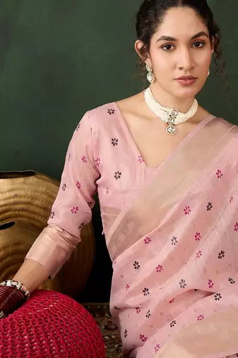 pink woven designer brush printed khadi organza saree with blouse piece