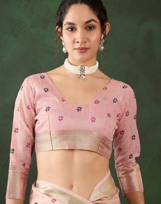 pink woven designer brush printed khadi organza saree with blouse piece 4