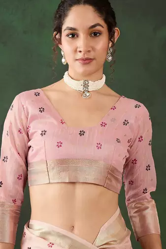 pink woven designer brush printed khadi organza saree with blouse piece