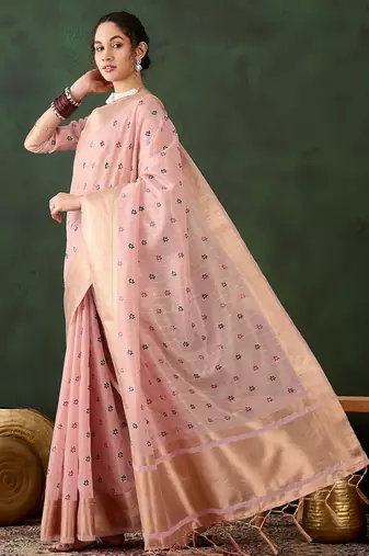 pink woven designer brush printed khadi organza saree with blouse piece
