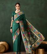 green woven jacquard silk blend saree with blouse piece