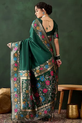 green woven jacquard silk blend saree with blouse piece