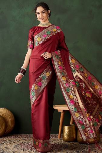 maroon woven jacquard silk blend saree with blouse piece