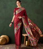 maroon woven jacquard silk blend saree with blouse piece