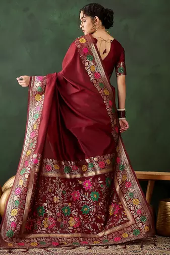 maroon woven jacquard silk blend saree with blouse piece