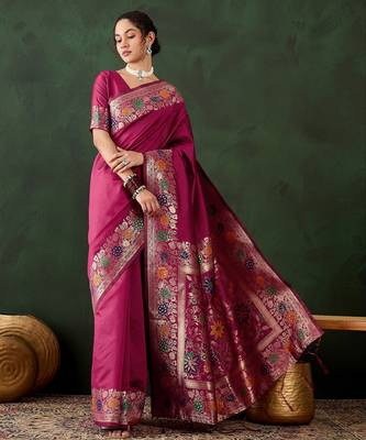 pink woven jacquard silk blend saree with blouse piece 1