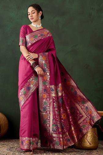 pink woven jacquard silk blend saree with blouse piece