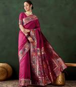 pink woven jacquard silk blend saree with blouse piece
