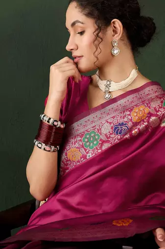 pink woven jacquard silk blend saree with blouse piece