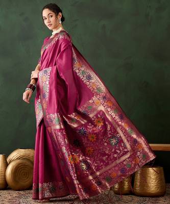 pink woven jacquard silk blend saree with blouse piece 4